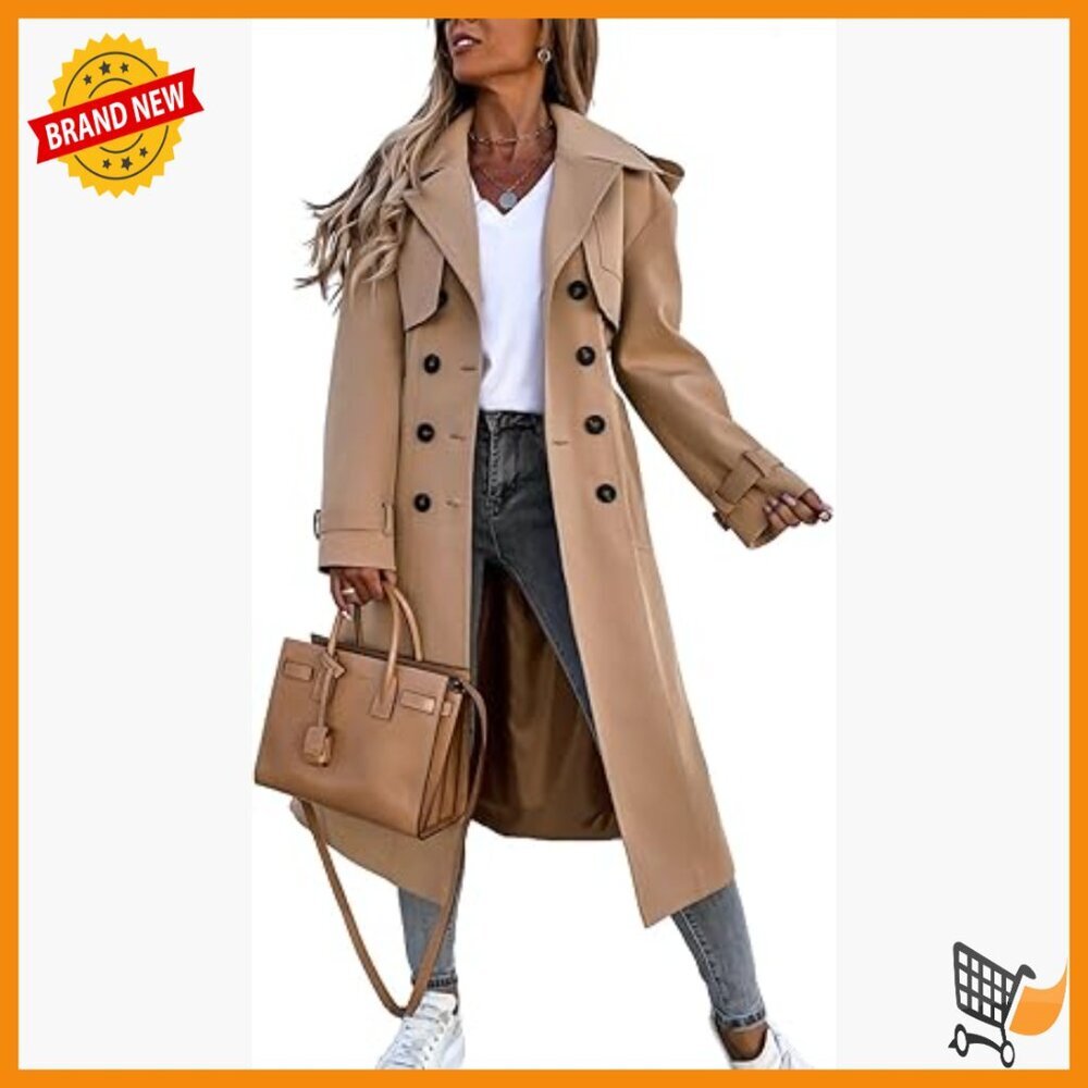 Women's Long Trench Coat Double Breasted Belted Windproof Classic Lapel